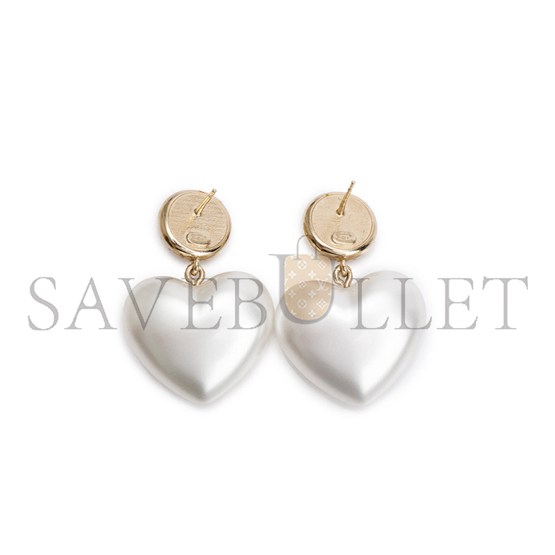 CHANEL GOLD PLATED FAUX PEARL STRASS CC HEART DROP EARRINGS 